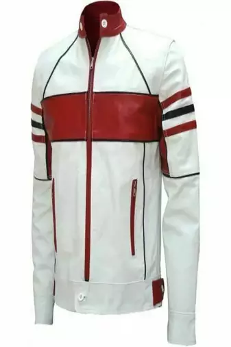 Mens off white horizontal red panel genuine lambskin leather jacket snap-tab collar style