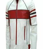 Mens off white horizontal red panel genuine lambskin leather jacket snap-tab collar style