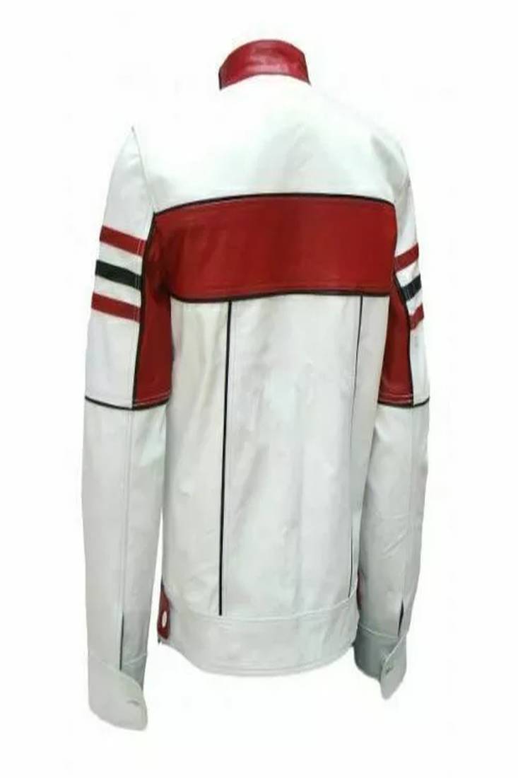 Mens off white horizontal red panel genuine lambskin leather jacket snap-tab collar style