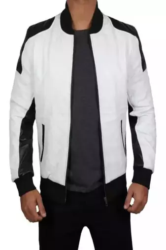 Men's white &black shoulder  genuine lambskin  leather jacket-caf   racer & ribb cuff style