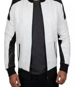 Men's white &black shoulder  genuine lambskin  leather jacket-caf   racer & ribb cuff style