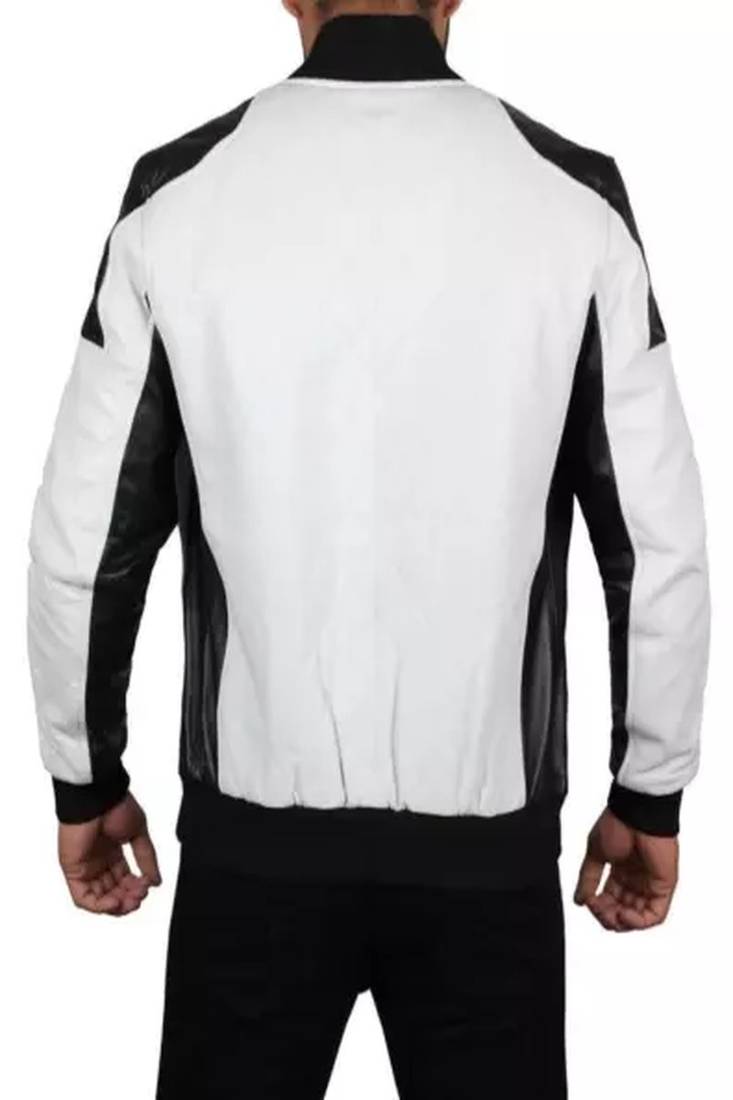 Men's white &black shoulder  genuine lambskin  leather jacket-caf   racer & ribb cuff style