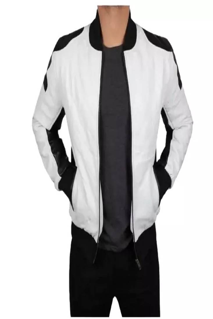 Men's white &black shoulder  genuine lambskin  leather jacket-caf   racer & ribb cuff style