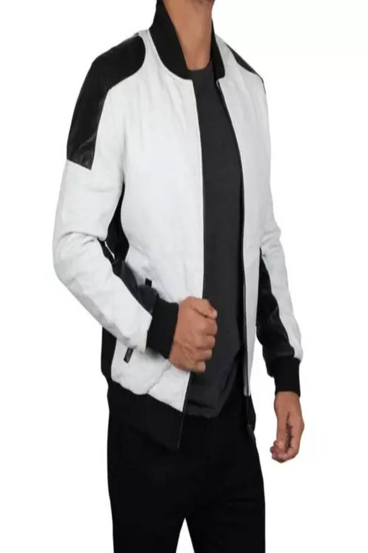 Men's white &black shoulder  genuine lambskin  leather jacket-caf   racer & ribb cuff style