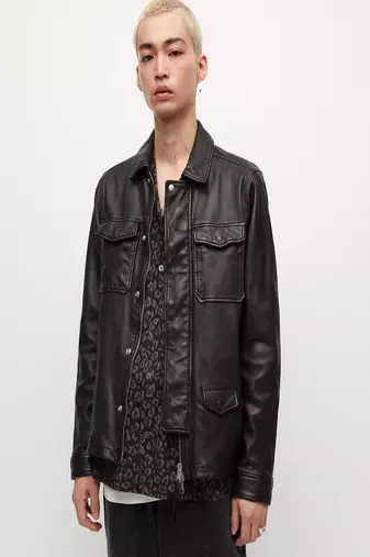 men's black lambskin leather biker jacket snap button front closure