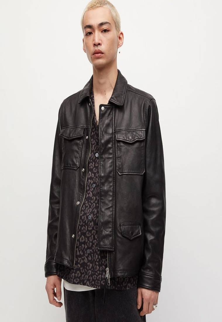 men's black lambskin leather biker jacket snap button front closure