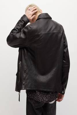 men's black lambskin leather biker jacket snap button front closure 2