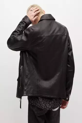 men's black lambskin leather biker jacket snap button front closure