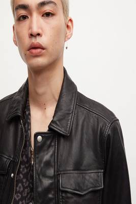 men's black lambskin leather biker jacket snap button front closure 3