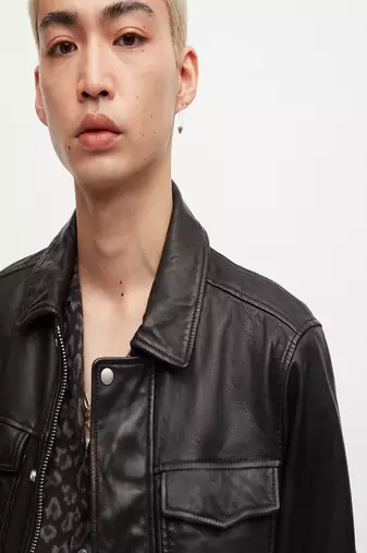 men's black lambskin leather biker jacket snap button front closure