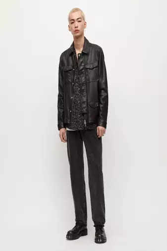 men's black lambskin leather biker jacket snap button front closure