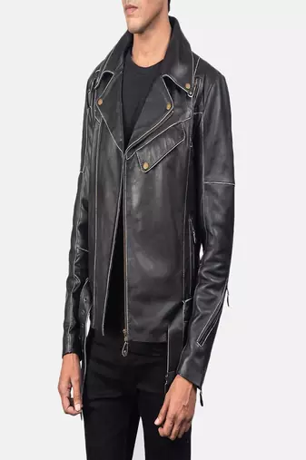 Men's black lambskin leather biker jacket-asymmetrical zip closure & adjustable belt fashtion
