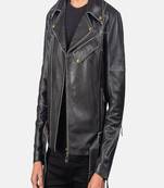 Men's black lambskin leather biker jacket-asymmetrical zip closure & adjustable belt fashtion