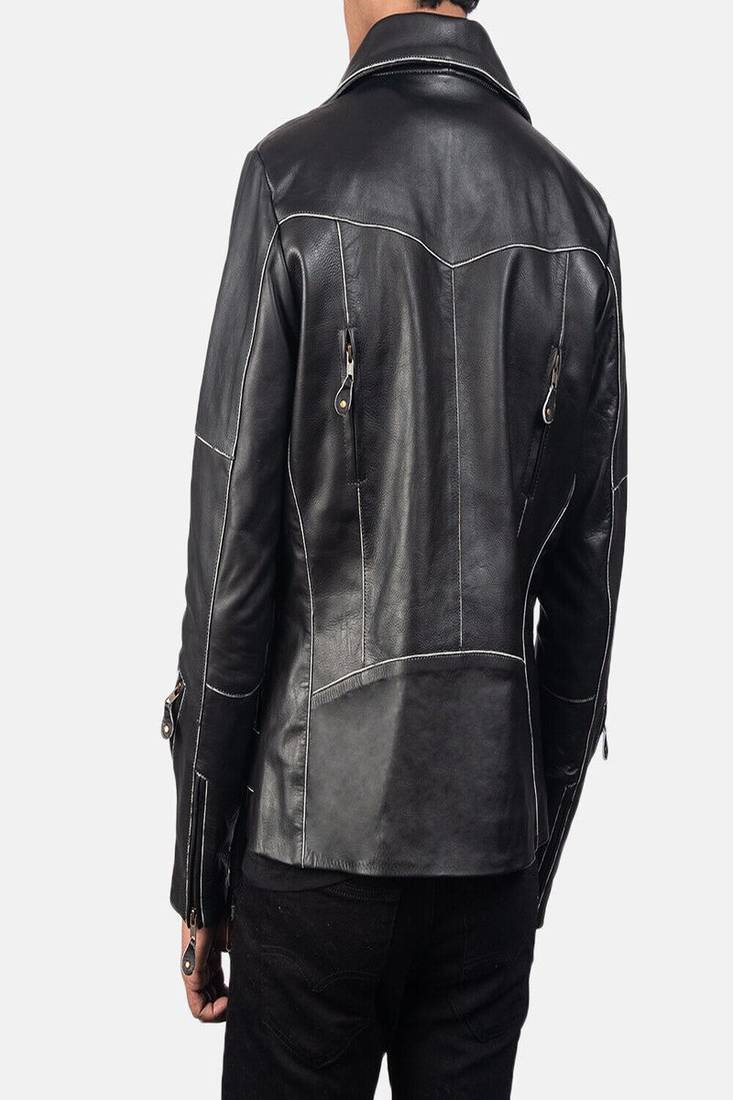 Men's black lambskin leather biker jacket-asymmetrical zip closure & adjustable belt fashtion