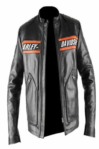 Men's black lambskin leather biker jacket-chest orange strip & harley devidson fashtion