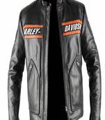 Men's black lambskin leather biker jacket-chest orange strip & harley devidson fashtion