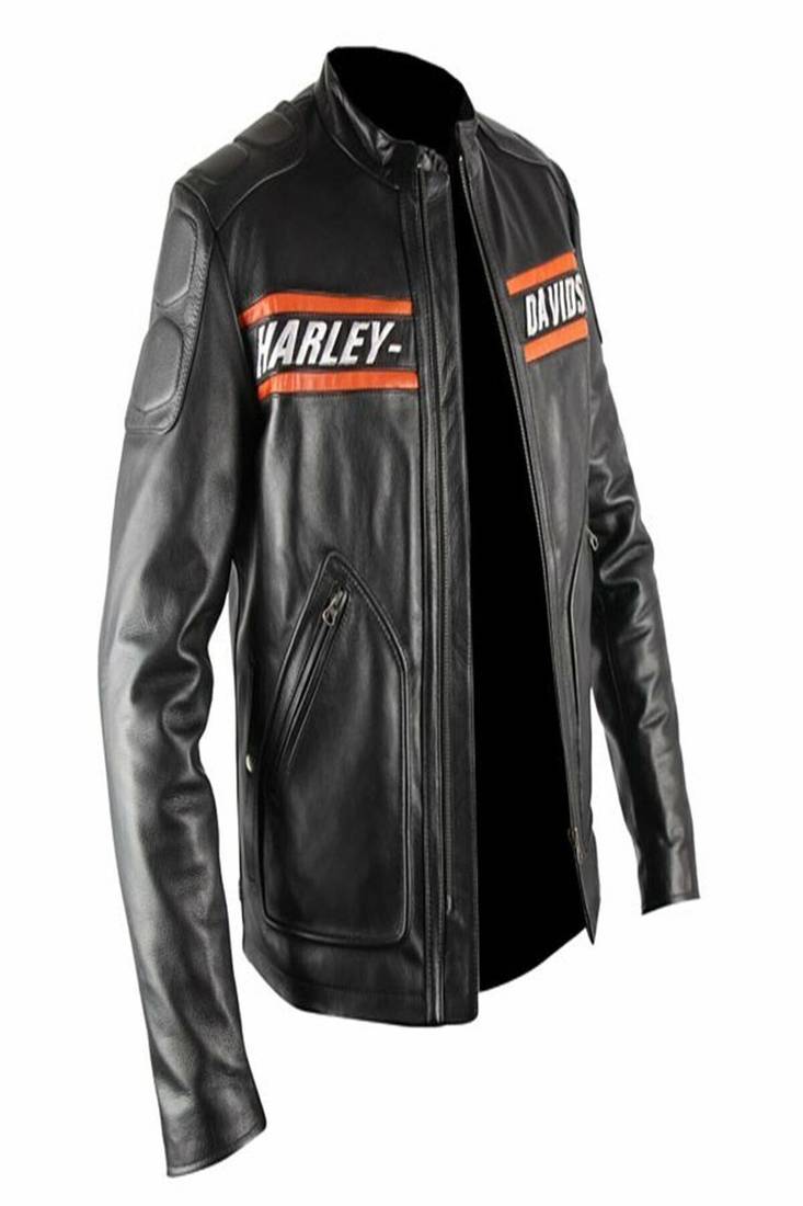 Men's black lambskin leather biker jacket-chest orange strip & harley devidson fashtion
