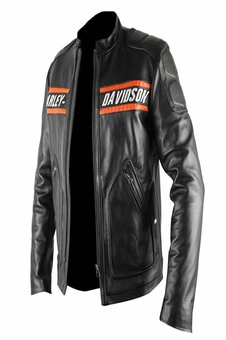 Men's black lambskin leather biker jacket-chest orange strip & harley devidson fashtion