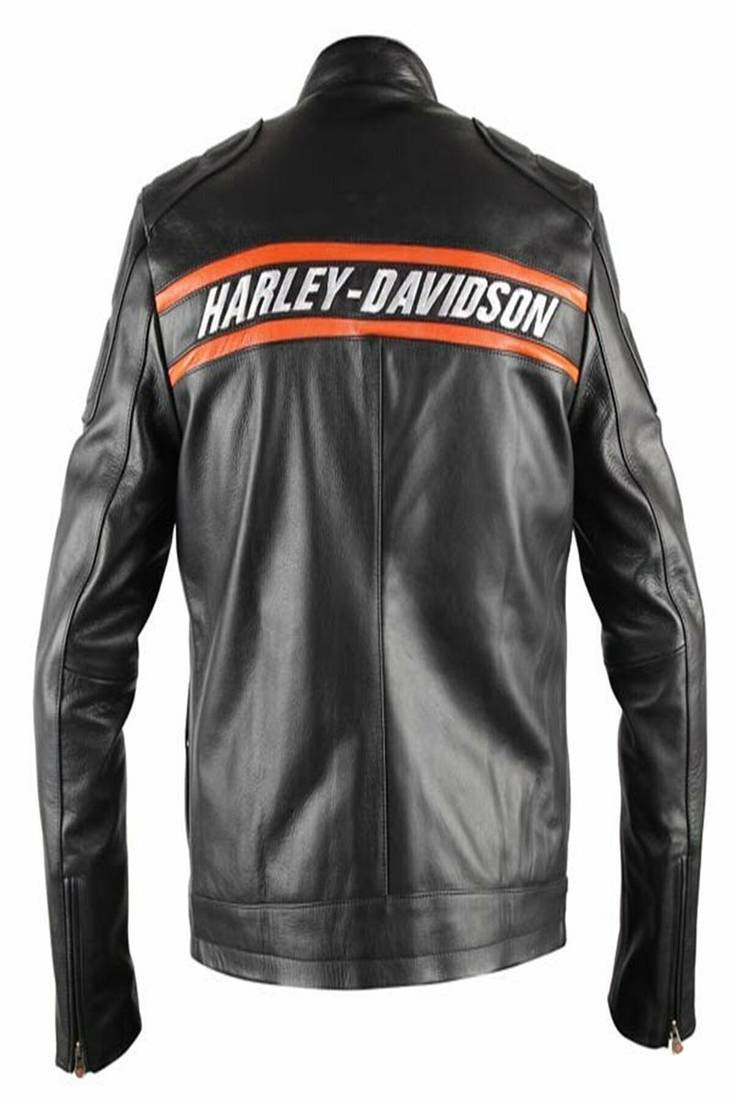 Men's black lambskin leather biker jacket-chest orange strip & harley devidson fashtion