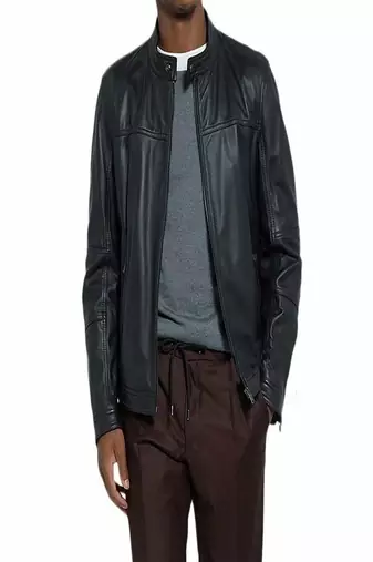 Men's  black genuine pure lambskin leather jacket band collar classic style