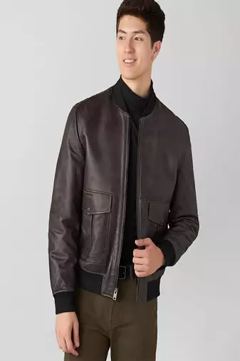 Men's genuine pure lambskin dark brown leather jacket band collar ribb cuff  classic style