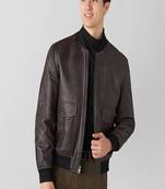 Men's genuine pure lambskin dark brown leather jacket band collar ribb cuff  classic style