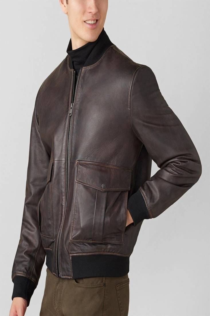 Men's genuine pure lambskin dark brown leather jacket band collar ribb cuff  classic style
