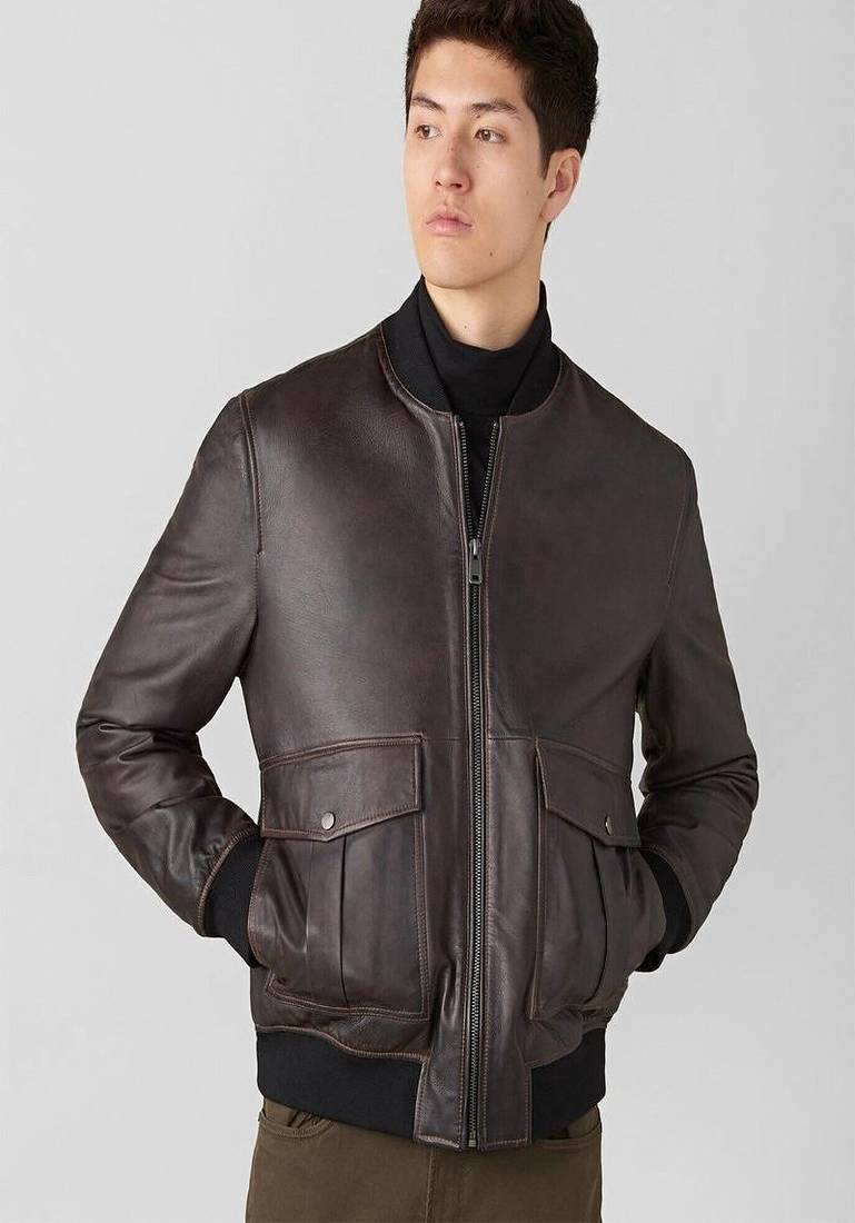 Men's genuine pure lambskin dark brown leather jacket band collar ribb cuff  classic style