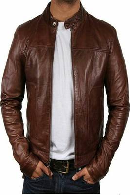 men's brown lambskin leather biker jacket classic moto zip style premium original 1