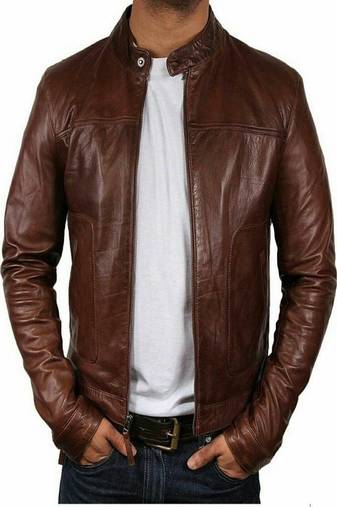 men's brown lambskin leather biker jacket classic moto zip style premium original