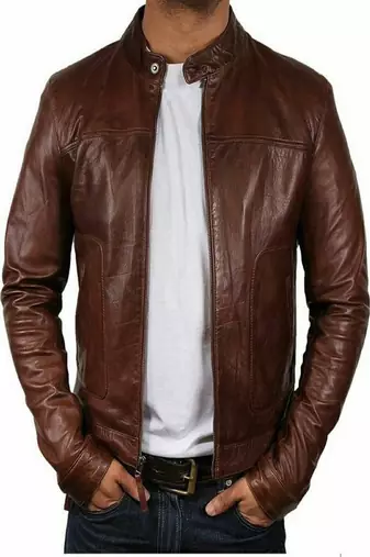 Stylish dark chocolate brown genuine leather biker jacket- 2 pocket style straight zip style