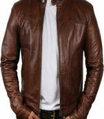 Stylish dark chocolate brown genuine leather biker jacket- 2 pocket style straight zip style