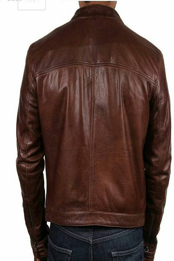 Stylish dark chocolate brown genuine leather biker jacket- 2 pocket style straight zip style