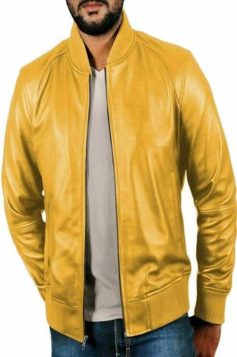 men's yellow lambskin leather jacket classic zip up style premium