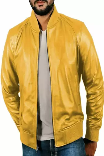 Classic yellow leather jacket pure lambskin ribb cuff stylish