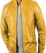Classic yellow leather jacket pure lambskin ribb cuff stylish