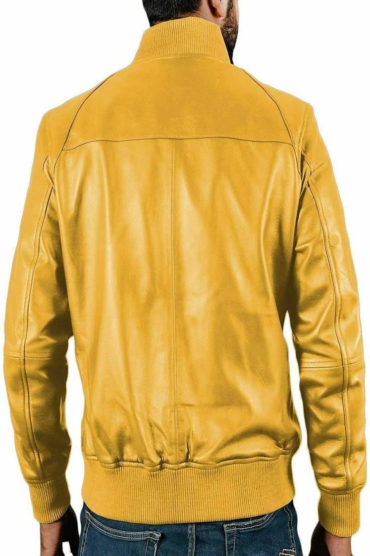 Classic yellow leather jacket pure lambskin ribb cuff stylish