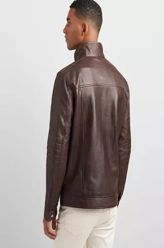 Stylish dark chocolate brown genuine leather biker jacket- 2 pocket style straight zip style