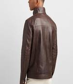 Stylish dark chocolate brown genuine leather biker jacket- 2 pocket style straight zip style