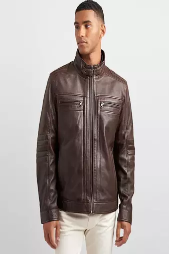 men's brown lambskin leather biker jacket classic moto zip style premium high quality
