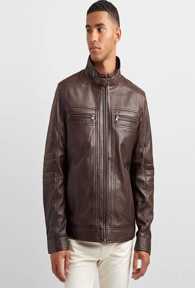 Stylish dark chocolate brown genuine leather biker jacket- 2 pocket style straight zip style
