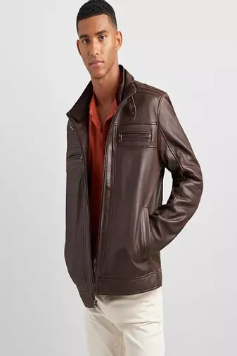 men's brown lambskin leather biker jacket classic moto zip style premium high quality