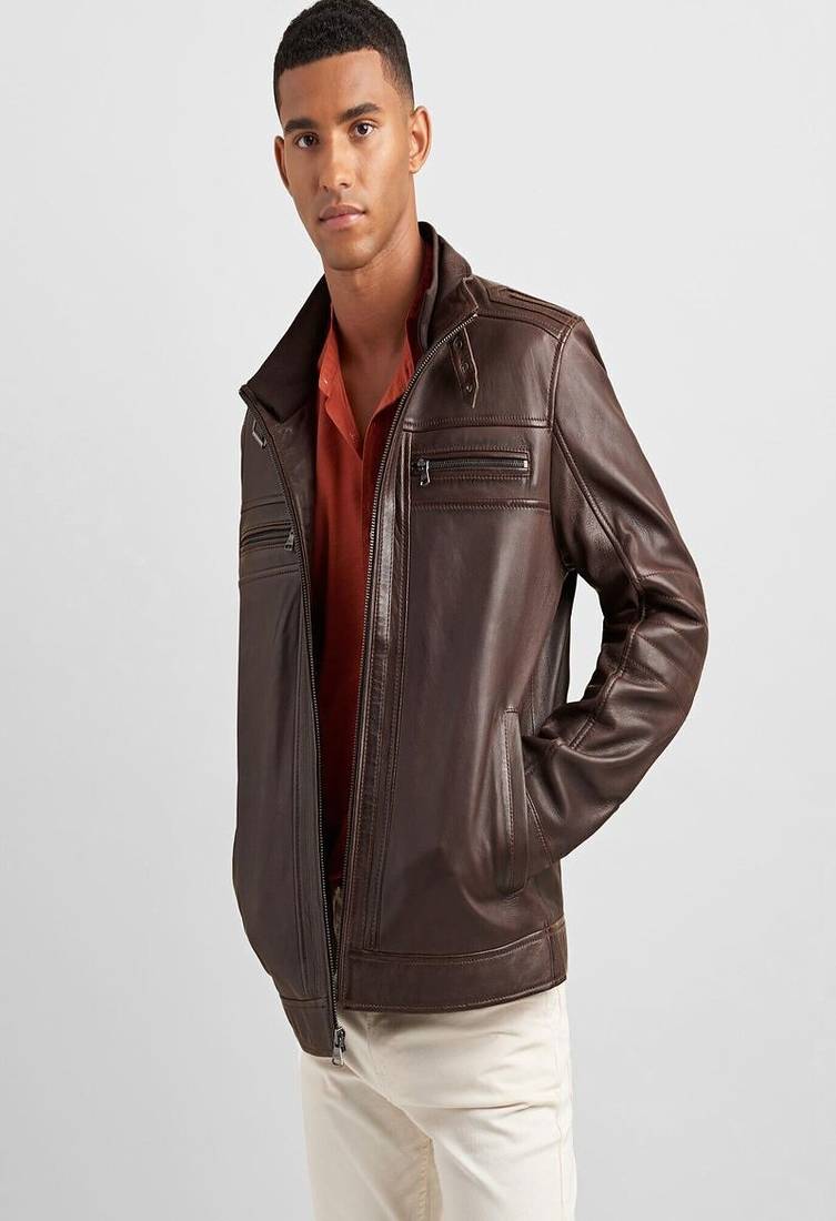 Stylish dark chocolate brown genuine leather biker jacket- 2 pocket style straight zip style