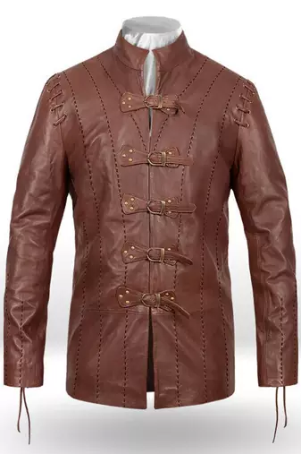 Brown lambskin leather jacket mandarin style collar & multiple horizontal buckle straps