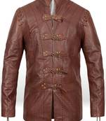 Brown lambskin leather jacket mandarin style collar & multiple horizontal buckle straps
