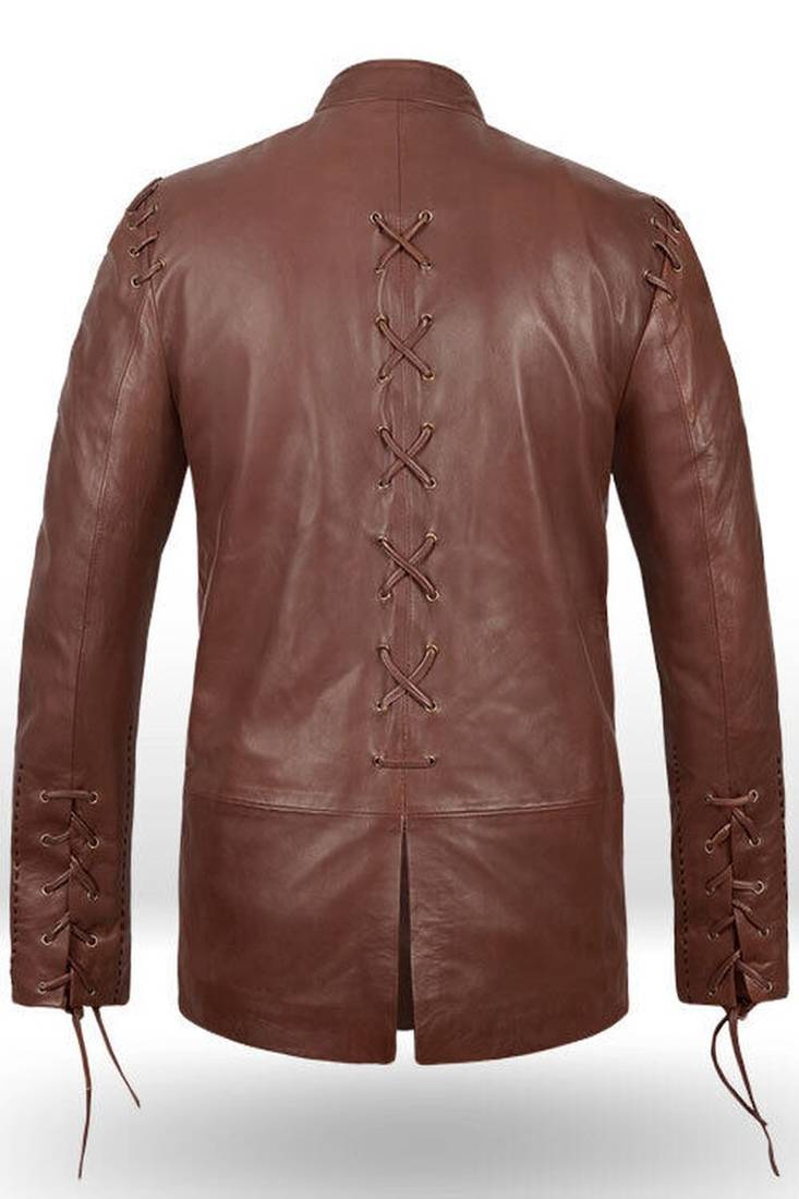 Brown lambskin leather jacket mandarin style collar & multiple horizontal buckle straps