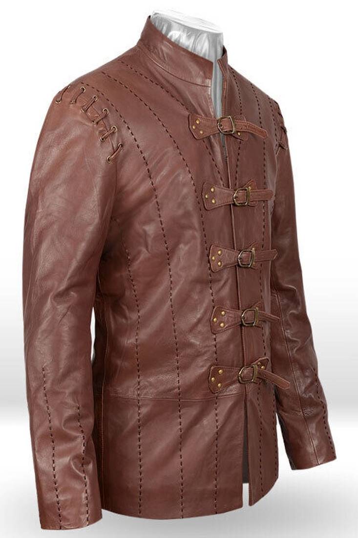 Brown lambskin leather jacket mandarin style collar & multiple horizontal buckle straps