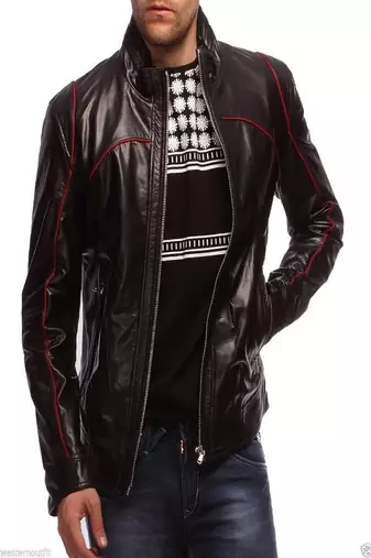 Brown lambskin leather jacket-red piping & zipper style