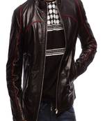 Brown lambskin leather jacket-red piping & zipper style
