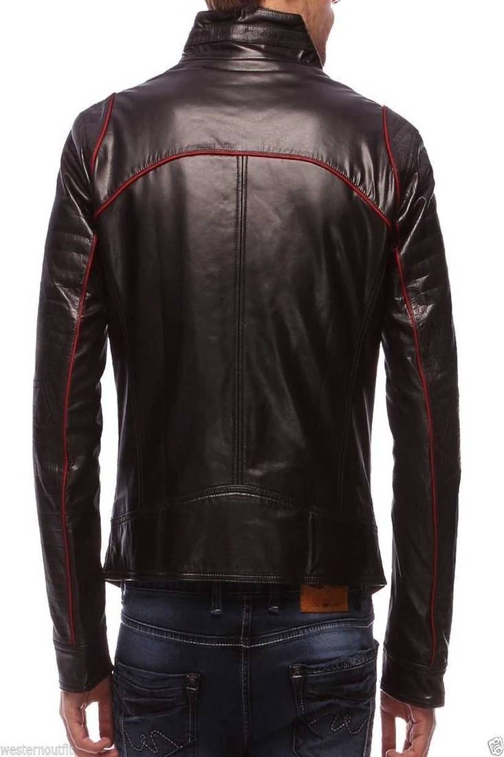 Brown lambskin leather jacket-red piping & zipper style
